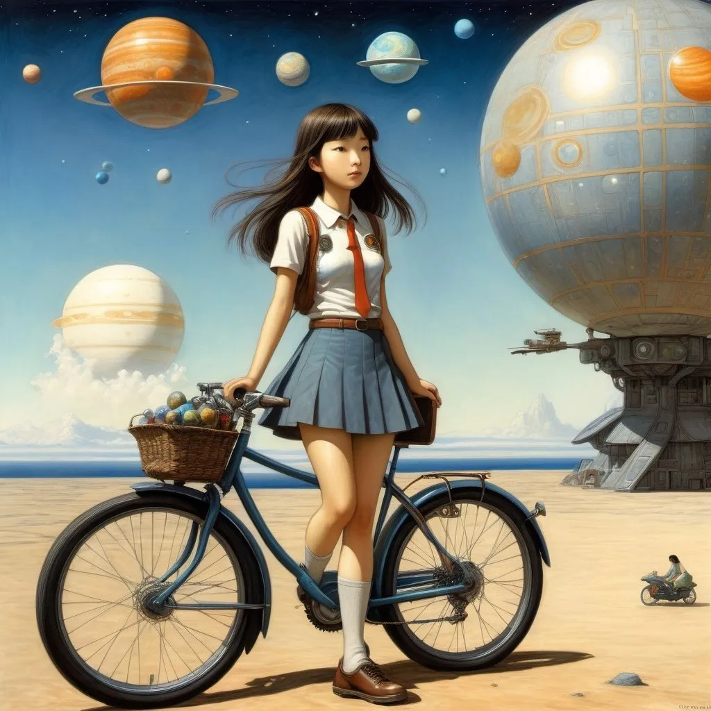 Prompt: Shaun Tan, Larry Elmore, Surreal, mysterious, strange, fantastical, fantasy, Sci-fi, Japanese anime, solar system, miniskirt beautiful high school girl's interplanetary bicycle trip, perfect body, detailed masterpiece 