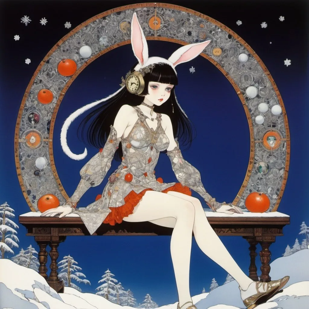 Prompt: Harry Clarke, Mabel Attwell, katsuhiro Otomo, Sulamith Wülfing, Yuu Watase, Surrealism, wonder, strange, bizarre, fantasy, Sci-fi, Japanese anime, making a triangle out of palm fruits, a lively rabbit clock, magic of snowflakes, miniskirt beautiful devil girl, perfect voluminous body, detailed masterpiece 