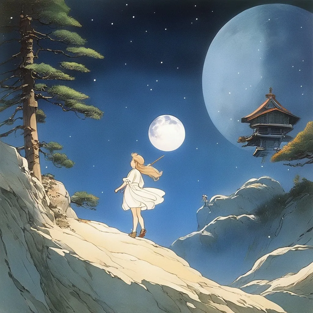 Prompt: shotaro honda, Elsa Beskow, Surreal, mysterious, strange, fantastical, fantasy, Sci-fi, Japanese anime, physical mathematics that creates the world, full moon sinking in the basement, beautiful Japanese girl with wagara miniskirt, perfect voluminous body, weather vane, detailed masterpiece 