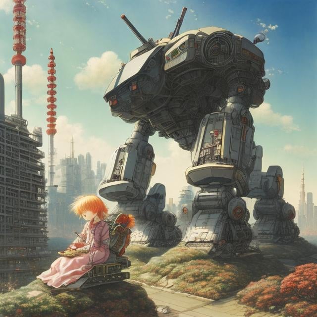 Prompt: Elsa Beskow, Katsuhiro Otomo, Japanese Anime Surreal Mysterious Bizarre Sci-fi Fantasy Giant robot in the parking lot Urban landscape Tokyo Tower Girl in tight-fitting space suit sitting on the robot’s shoulder, hyperdetailed high resolution high definition high quality masterpiece