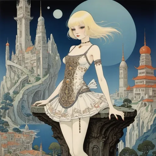 Prompt: Kay Nielsen, Toyen, Levb Kaplan, Shigeru Tamura, George Barbier, Surrealism, wonder, bizarre, fantastical, fantasy, Sci-fi, Japanese anime, science hobby modeling device, cities, fortresses, theaters, temples, labyrinths, architectural thinking that underlies the intellectual world of Renaissance and Baroque, blonde miniskirt beautiful girl Alice, perfect voluminous body, detailed masterpiece 
