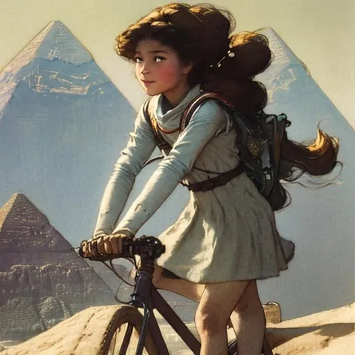 Prompt: Jessie Willcox Smith, Sulamith Wülfing, Kate Greenaway, 　wondrous　strange　Whimsical　Sci-Fi FantasyJapanese high schoolgirl climbing the pyramids of Giza on a bicycle　a beauty girl　solo girl a moon　Milky Way　spacecraft, resolution masterpiece hyper detailed close up to girl