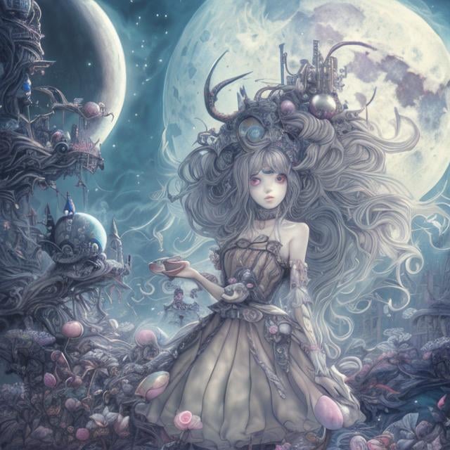Prompt: Japanese anime, surreal fantasy, strange, bizarre, sci-fi fantasy, moonlight Alice, bowed moon, tea party on the moon, elevator to the moon, moonlight gate, laurel, hyperdetailed high definition high resolution high quality masterpiece 