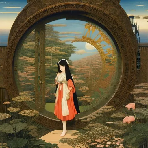 Prompt: Richard Dadd, Kawase Hasui Anime Surreal Mysterious Bizarre Fantastic Sci-fi Fantasy Inside the Clock, m Time Cat, Exploring Girl, Giant Eternal Hourglass, hyperdetailed high resolution high definition high quality masterpiece