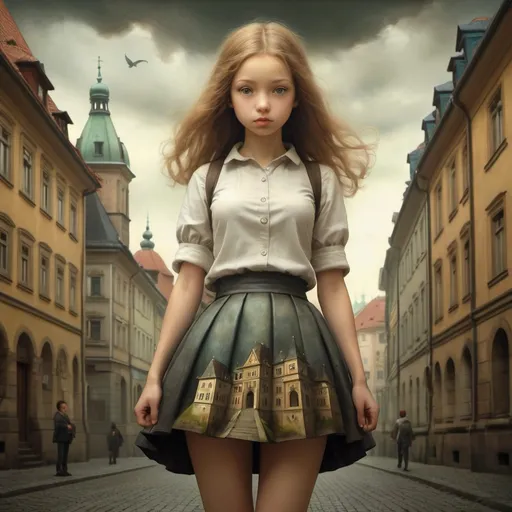 Prompt: Virginio Livraghi, George Frederic Watts, Emanuele Luzzati, Nicoletta Ceccoli, Sulamith Wülfing, Surrealism, wonder, strange, fantastical, fantasy, Sci-fi, Japanese anime, daydream, or a way out, A beautiful high school girl in a miniskirt wandering through the darkness of Prague during the day, perfect voluminous body, Golem, Walpurgis, detailed masterpiece symbolic low high angles perspectives 