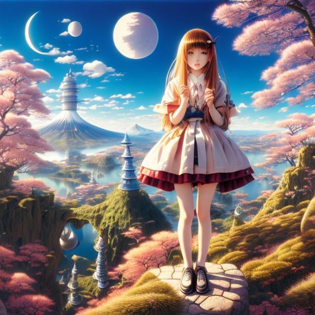 Prompt: Megumi Tachikawa, Jacek Yerka, Surreal, mysterious, strange, fantastical, fantasy, Sci-fi, Japanese anime, blonde miniskirt beautiful girl Alice, bicycle trip between day and night, perfect voluminous body, detailed masterpiece 