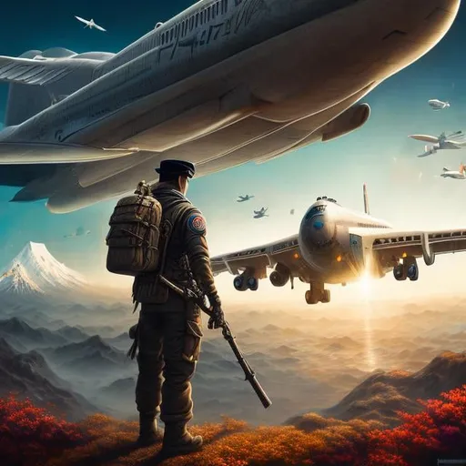 Prompt: Christian Riese Lassen, Japanese Anime, Surreal Mysterious Weird Fantastic Fantasy Sci-Fi, Night Flight, Entropy at Dawn, Man Carrying a Japanese Pattern on his back, Airship,vibrant colors, girl, masterpiece, sharp focus, best quality, depth of field, cinematic lighting, detailed, high resolution definition 