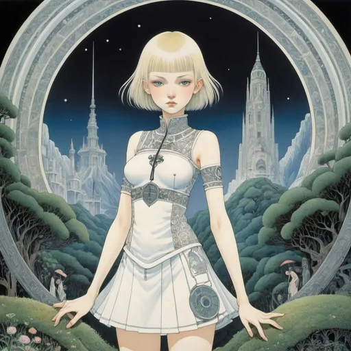 Prompt: Kay Nielsen, Neysa McMein, Harriet Meserole, Yuu Watase, Molly MacArthur, Surrealism, mysterious, bizarre, fantastical, fantasy, Sci-fi, Japanese anime, compass and ruler, beautiful high school girl in a miniskirt charting the world, perfect voluminous body, straight arc text, architecture, gardens, and cosmology, detailed masterpiece 