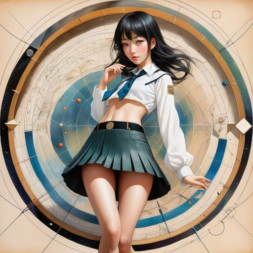 Prompt: Hieronymus Bosch, Kaori Ozaki, Surreal, mysterious, strange, fantastical, fantasy, Sci-fi, Japanese anime, compass and ruler, beautiful high school girl in a miniskirt drawing a circle, perfect body From basic geometric knowledge, beautiful theorems, drawing methods, detailed master 