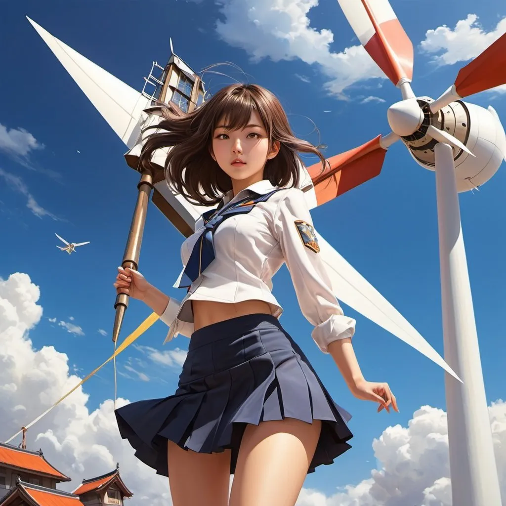 Prompt: Dongho KIM, Akseli Gallen-Kallela, Surreal, mysterious, strange, fantastical, fantasy, Sci-fi, Japanese anime, windmill, miniskirt beautiful high school girl, perfect voluminous body, dynamic action poses, spaceship, detailed masterpiece 