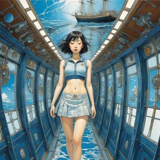 Prompt: Ithell Colquhoun, Yuko Shimizu, Maximilian Liebenwein, Sakatsuki sakana, Stanley William Hayter, Surrealism Mysterious Weird Fantastic Fantasy Sci-fi, Japanese Anime, Transparent Blue Corridor, Cross section of a sailing ship, Melting Mars, Sleeping miniskirt beautiful high school girl, perfect voluminous body, detailed masterpiece 