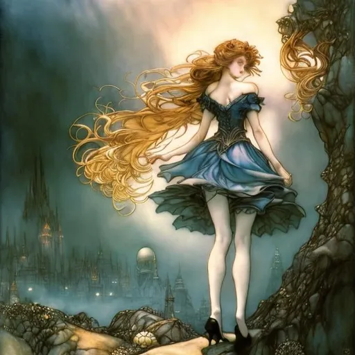 Prompt: Arthur Rackham, Michael Hague, Surreal, mysterious, strange, fantastical, fantasy, Sci-fi, Japanese anime, orchestral space, musical key, flying blonde miniskirt beautiful girl Alice, perfect body, detailed masterpiece 
