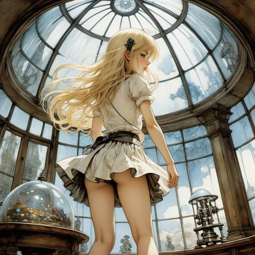 Prompt: Arthur Rackham, Chica Umino, Surreal, mysterious, strange, fantastical, fantasy, Sci-fi, Japanese anime, glass dome case, pieces of the universe falling like a rain, beautiful blonde miniskirt girl Alice observing, perfect voluminous body, optical microscope, detailed masterpiece 