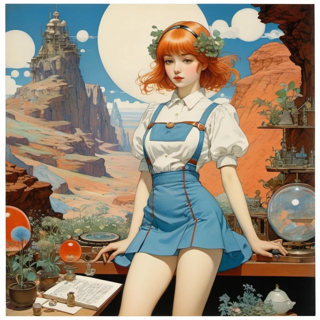 Prompt: Heath Robinson, John Duncan, Akseli Gallen-Kallela, Mikhail Nesterov, Hiro Fujiwara, Surrealism, strange, bizarre, fantastical, fantasy, Sci-fi, Japanese anime, fragments of minerals and plants, typewriter, Mars, printing workshop, floating miniskirt beautiful girl Alice, perfect voluminous body, fun, detailed masterpiece 