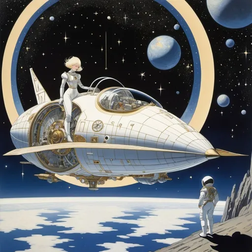 Prompt: Range Murata, George Barbier, Kay Nielsen, Surreal, mysterious, bizarre, fantastical, fantasy, Sci-fi, Japanese anime, spaceship maintenance shop, short-haired beautiful mechanic who repairs the engine of a spaceship floating in zero gravity, perfect voluminous body, space suit, earth and starry sky in the background, detailed masterpiece 