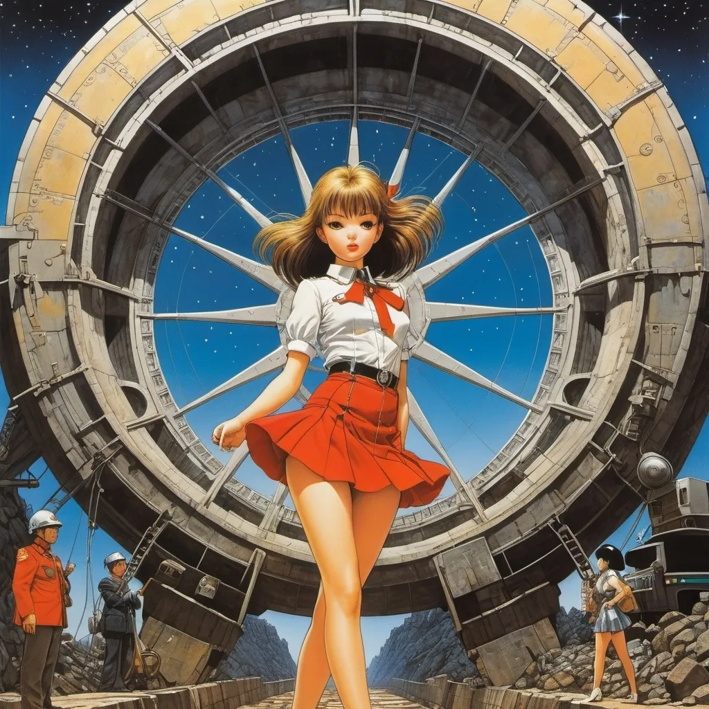 Prompt: Katsuhiro Otomo, Hans Unger, Max Pietschmann, Wayne Barlowe, George Soper, Surrealism, wonder, strange, bizarre, fantasy, Sci-fi, Japanese anime, towers and stars in underground mines, tarot dancing in the air, wheel of fortune and beautiful high school girl in miniskirt, perfect voluminous body, detailed masterpiece 