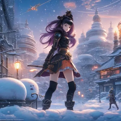 Prompt: Masamune Shirow, Katsuya Terada, Terese Nielsen, Surreal, mysterious, strange, fantastical, fantasy, Sci-fi, Japanese anime, snowy day, group of snowmen attacking the city, miniskirt beautiful high school girl combatant fighting the snowmen, hyper detailed masterpiece high resolution definition quality, depth of field cinematic lighting 