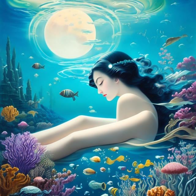 Prompt: Helen nyce, Dali, Art Deco, Japanese Anime, Surreal Mysterious Weird Fantastic Sci-Fi Fantasy, Beautiful Girl, Perfect Body, Falling Moon, Star Sleeping Under the Sea, detailed masterpiece 