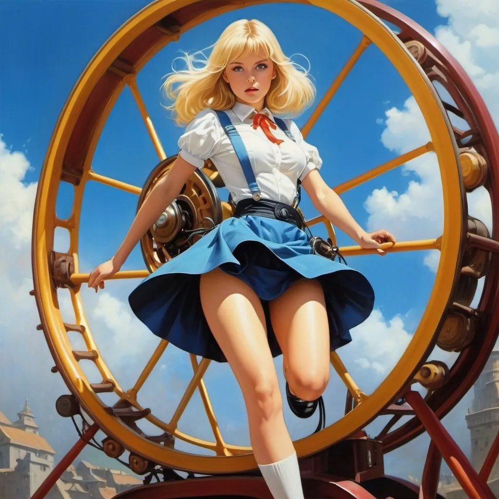 Prompt: Sibylle von Olfers, Unica Zürn full colours , Antonio Rubino, surreal, mysterious, strange, fantastical, fantasy, Sci-fi, Japanese anime, beautiful blonde miniskirt girl Alice running in a big wheel, perfect voluminous body, electric generator, detailed masterpiece 