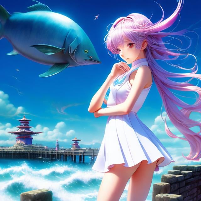 Prompt: Vladimir Kirin, Moto Hagio, Surreal, mysterious, strange, fantastical, fantasy, Sci-fi, Japanese anime, beautiful blonde miniskirt girl Alice on the wharf, perfect body, Lanling King initiation song, deep-sea fishing, alchemy, detailed masterpiece 