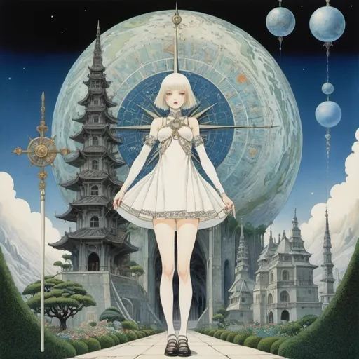 Prompt: Kay Nielsen, Neysa McMein, Harriet Meserole, Yuu Watase, Molly MacArthur, Surrealism, mysterious, bizarre, fantastical, fantasy, Sci-fi, Japanese anime, compass and ruler, beautiful high school girl in a miniskirt charting the world, perfect voluminous body, straight arc text, architecture, gardens, and cosmology, detailed masterpiece 