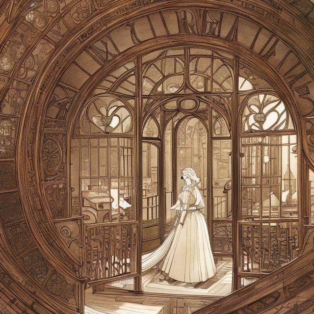 Prompt: Cicely Mary Barker, Margaret Tarrant, Virginia Frances Sterrett, inside clock tower, gears machines contraptions, girl walking up spiral stairs, hyper detailed, Japanese anime, manga lines, high quality high resolution high definition masterpiece , colour, realistic 