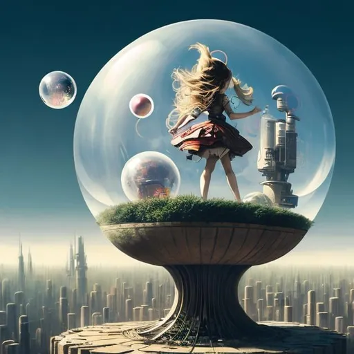 Prompt: Viviano Codazzi, katsuhiro Otomo, Surreal, mysterious, strange, fantastical, fantasy, Sci-fi, Japanese anime, spherical architecture, cross section, perspective, perspective drawing, moving vanishing point, beautiful blonde miniskirt Alice running as a sphere, top, bottom, left, right, soap bubbles, detailed masterpiece 