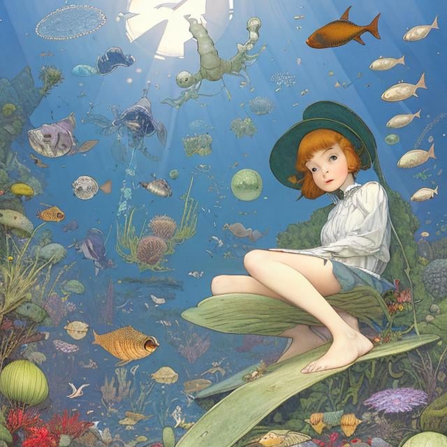 Prompt: Jessie Willcox Smith, Kate Greenaway, Charles Doyle, animesque　surreal　absurderes　wondrous　strange　Whimsical　Sci-Fi Fantasy　Ecological pyramid　Miniskirt high school girl sitting at the top of the pyramid, perfect body, phytoplankton、Large aquatic plants、zooplankton、Bottom-growing organisms、fishes、鳥類 hyperdetailed high resolution high quality high definition masterpiece