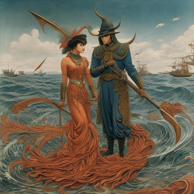 Prompt: Walter Crane, Takeo Takei, Remedios Varo, Japanese Anime, Surreal, mysterious, strange, fantastical, sci-fi fantasy, ruler of flesh and blood, mask of flesh and blood, creature, feathered creature, bear the name of human being. Fierce heat and strife, the sea separates us, and we move southward.Detailed, high resolution definition quality masterpiece