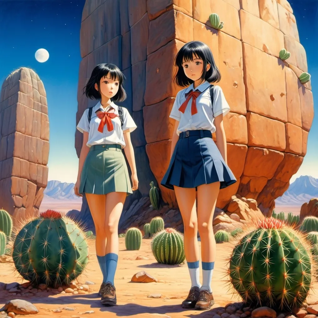 Prompt: Naoyuki Kato, Carles Fontserè, Chieko Hosokawa, Margaret Tarrant, Tiitu Takalo, Surrealism, wonder, strange, fantastical, fantasy, Sci-fi, Japanese anime, miniskirt beautiful high school girl interacting with desert mineral cactus, perfect voluminous body, living stone, dusk, detailed masterpiece 