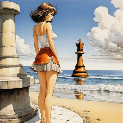 Prompt: Milo Manara, Katsuhiro Otomo, Surreal, mysterious, strange, fantastic, fantasy, sci-fi, Japanese anime, sandy coastline, giant chess piece tilted and half buried, beautiful girl in a miniskirt standing on top of the piece and looking at the horizon, perfect voluminous body, detailed masterpiece low high angles perspectives 