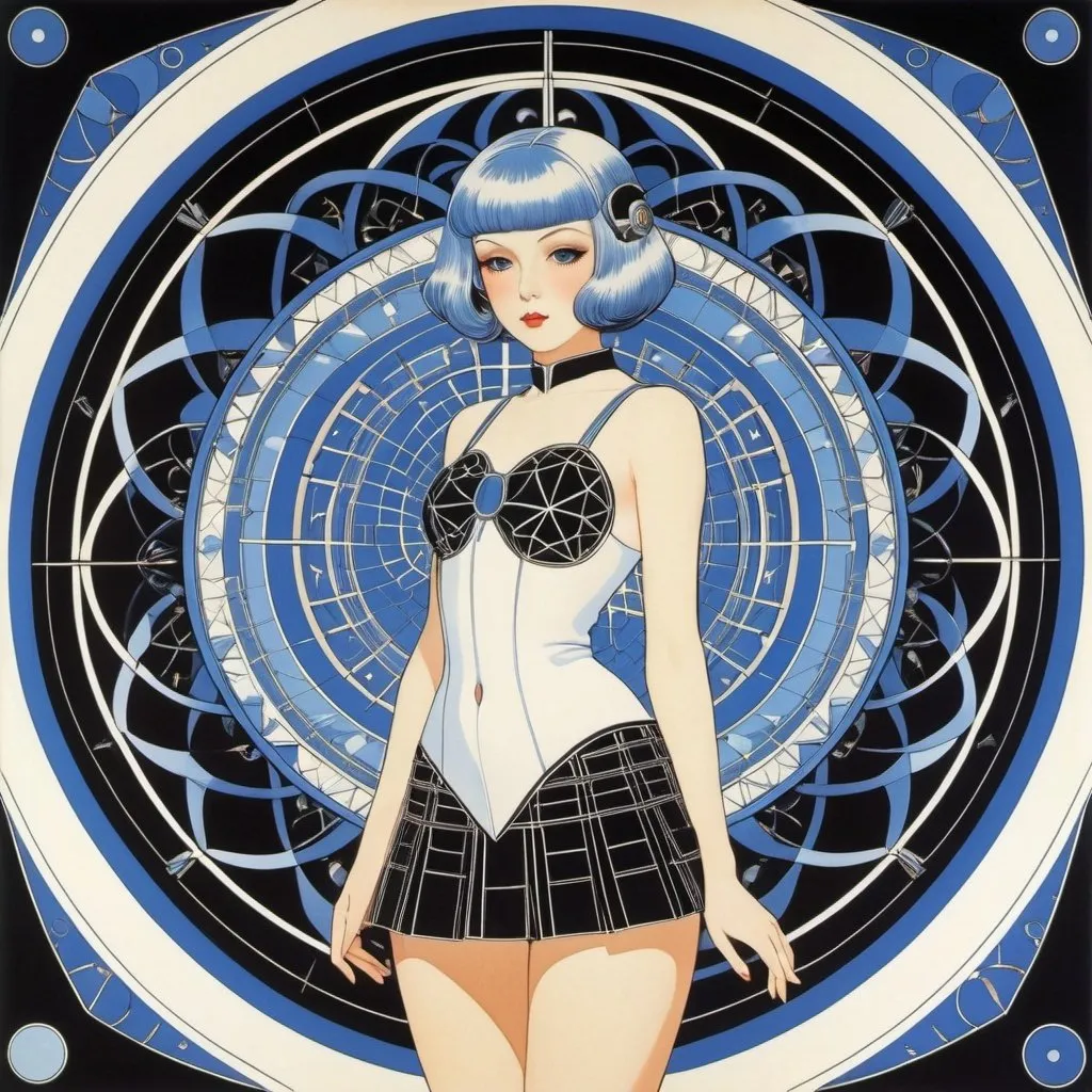 Prompt: Károly Reich, Dóra Keresztes, George Barbier, Heinrich Lefler, Victor Vasarely, Surrealism Mysterious Weird Fantastic Fantasy Sci-fi, Japanese Anime, Adams Spectrum Series, Homotopy, Circle Bundle, Miniskirt Beautiful Girl Cyporg of Euclidean Geometry, perfect voluminous body, detailed masterpiece 