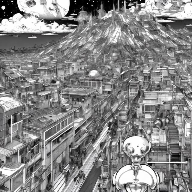 Prompt: Heaven on rooftop, my robot, travelling on train in my small room, surreal fantastic strange sci-fi fantasy, hyperdetailed high resolution high definition high quality masterpiece Japanese anime manga lines