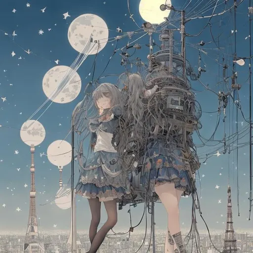 Prompt: Heath Robinson, Christian Riese Lassen Anime　wondrous　strange　Whimsical　surreal　fanciful　sci-fi fantasy night walk in the air　On electrical wires　a moon　Miniskirt schoolgirl　shooting stars　Tokyo tower hyperdetailed high definition high quality high resolution masterpiece perfect body