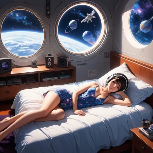 Prompt: Vincent Di Fate, Makoto Raiku, Surreal, mysterious, strange, fantastical, fantasy, Sci-fi, Japanese anime, a crystal record on a sleepless night, a beautiful girl in pajamas lying on the bed listening to music, perfect voluminous body, a galaxy outside the window, a space station, detailed masterpiece 