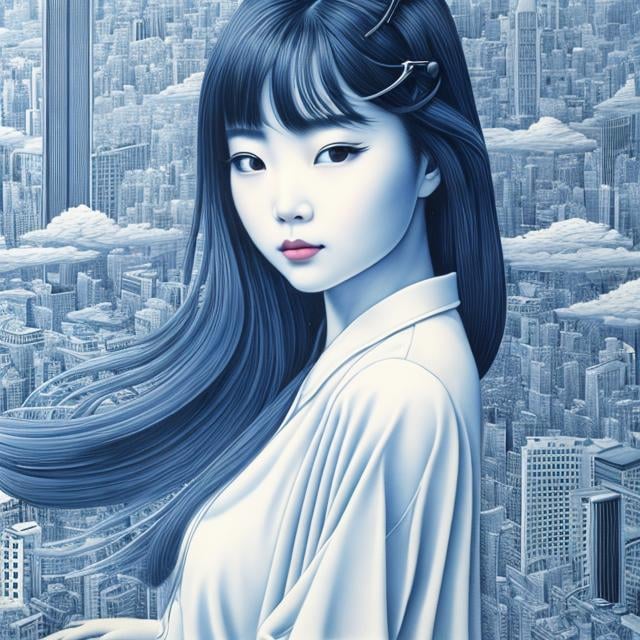 Prompt: Ema Tōyama, Rafal Olbinski, Surreal, mysterious, strange, fantastical, fantasy, Sci-fi, Japanese anime, horizon of image, idea and development of perspective drawing, line drawing, miniskirt beautiful girl of blueprint, detailed masterpiece 