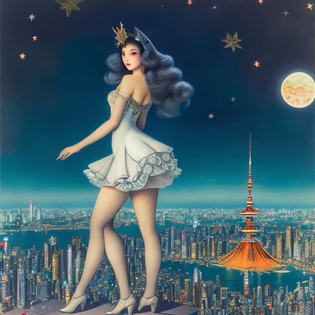 Prompt: Leonor Fini, Margaret Tarrant Japanese Anime wondrous strange Whimsical surreal Sci-fi Fantasy Girl Standing At The Top Of Tokyo Tower teens girl birdseye view Overlooking the night view of Tokyo Stars in the sky, hyperdetailed high resolution definition high quality masterpiece