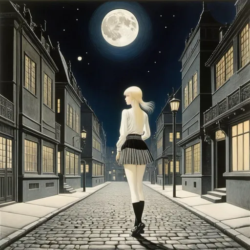 Prompt: Kay Nielsen, Paul Delvaux, Surreal, mysterious, strange, fantastical, fantasy, Sci-fi, Japanese anime, full moon falling on the street, beautiful high school girl in a miniskirt, perfect voluminous body, detailed masterpiece 