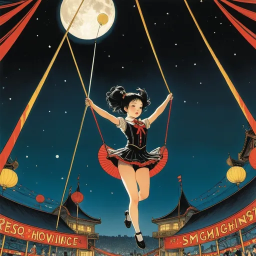 Prompt: Hannes Bok, Virgil Finley, Yuko Shimizu, Sydney Sime, Franz Sedlacek, Surrealism, wonder, strange, bizarre, fantasy, Sci-fi, Japanese anime, the shadow of the midnight moon, the circus that emerges from the darkness, the miniskirt beautiful high school girl's trapeze, perfect voluminous body, detailed masterpiece 