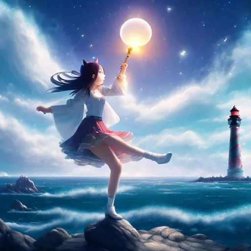 Prompt: Boris Indrikov, Shinya Komatsu, Surreal, mysterious, bizarre, fantastic, fantasy, Sci-fi, Japanese anime, beautiful girl in a miniskirt on a swing, perfect voluminous body, lighthouse in a storm, stars in the galaxy, hourglass, playing cat, 