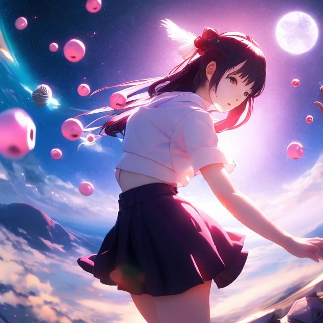 Prompt: Chiho Saito, Marion Adnams, surreal, Mysterious, strange, outlandish, fantasy, Sci-fi, Japanese anime, God's whim, miniskirt beautiful girl, perfect voluminous body, boyish, dice of fate, theory of relativity, universe of mathematics and music, detailed masterpiece cinematic lighting perspectives 