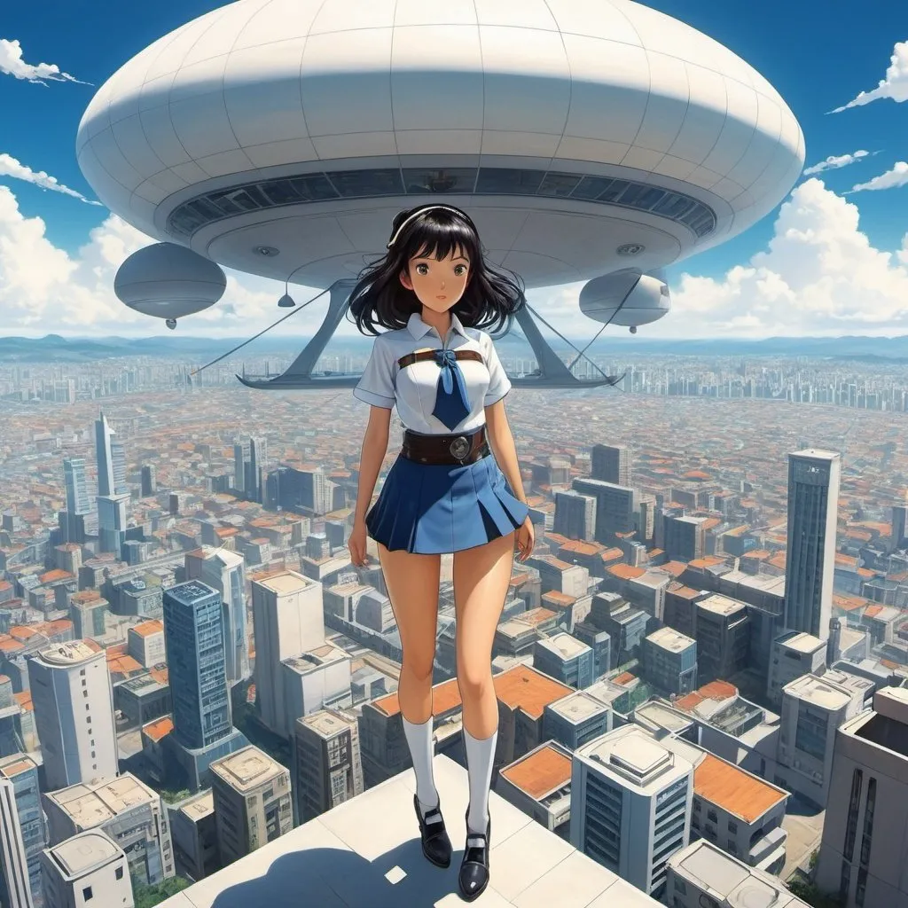 Prompt: Tatsuyuki Tanaka, Santiago Martínez Delgado, Surreal, mysterious, strange, fantastical, fantasy, Sci-fi, Japanese anime, miniskirt steam girl in the future city, perfect voluminous body, flying boat, bird's eye view, detailed masterpiece 