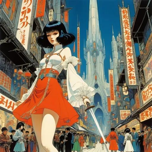 Prompt: Harry Clarke, Frank Frazetta, Kelly Freas, Yuu Watase, Kentaro Miura full colours, Surrealism Mysterious Weird Fantastic Fantasy Sci-Fi, Japanese Anime, Sword and Magic Miniskirt Beautiful Girl, perfect voluminous body, Futuristic Machine, The City Is Dancing, detailed masterpiece low high angles perspectives 