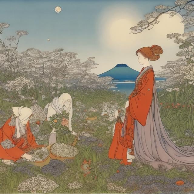 Prompt: Elsa Beskow Ukiyo-e style, Surreal Mysterious Weird Fantastic Fantasy Sci-fi, Japanese Anime, Doomsday Picnic, Motorcycle Beautiful Girl, planets in Bottles, detailed masterpiece 