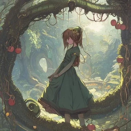 Prompt: Thomas Crane, Kate Greenaway , Anne Anderson Anime　surreal　wondrous　strange　Whimsical　Sci-Fi Fantasy　Beautiful girl in maid clothes　Samsama Serpent　Apple tree