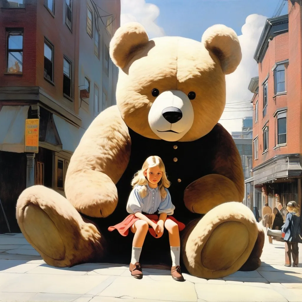 Prompt: Mabel Attwell, Andrew Wyeth, Surreal, mysterious, strange, fantastical, fantasy, sci-fi, Japanese anime, a gigantic teddy bear approximately 10 meters tall, walking through the streets of Toronto, with a beautiful blonde miniskirt girl, Alice, sitting on his shoulder, detailed masterpiece 