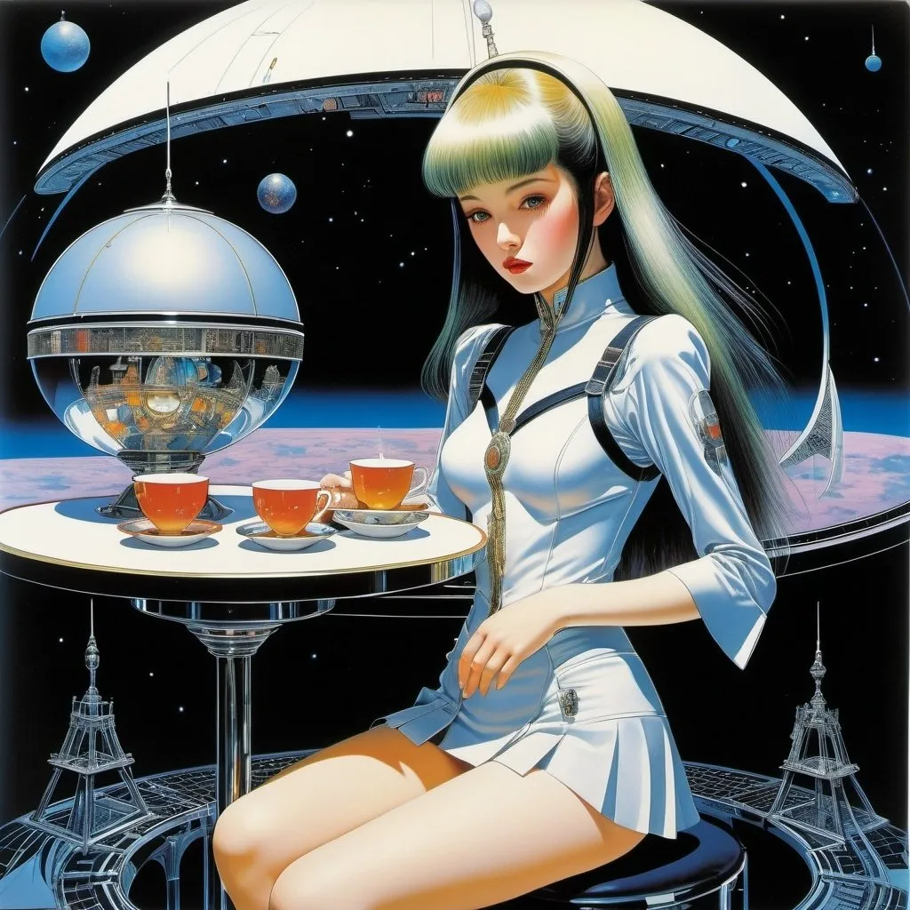 Prompt: Harry Clarke, Hajime Sorayama, Lorenzo Petrantoni full colours, Jim burns, Kelly Freas, Surrealism Mysterious Weird Fantastic Fantasy Sci-fi, Japanese Anime, Sphere Pop-up Card, Miniskirt Beautiful High School Girl Having Tea and a Spaceship, perfect voluminous body, detailed masterpiece 