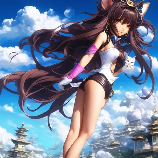Prompt: Tiger Tateishi, Masamune Shirow, Surreal, mysterious, strange, fantastical, fantasy, Sci-fi, Japanese anime, origami time machine, folding and expanding time, time travel miniskirt beautiful girl, perfect voluminous body, playing with cats. Detailed masterpiece 