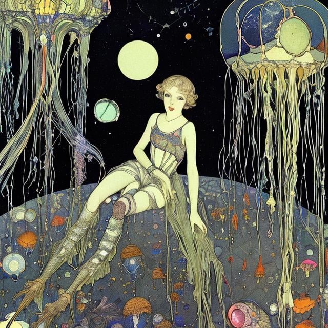 Prompt: Margaret Tarrant, Harry Clarke, Albert Robida　animesque　a girl Keeping comets　jellyfish　Moon and Sun Model　Outer Space Tank