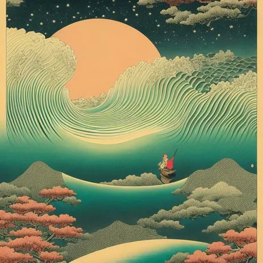 Prompt: Ukiyo-e style m c Escher, surreal, mysterious, bizarre, fantastic, fantasy, sci-fi fantasy, anime, matter is made of atoms, from atoms to elementary particles, Newton and universal gravitation, light is a wave, light is a particle, miniskirt high school girl riding waves, quantum chromodynamics, material history of the universe Expanding universe and nucleosynthesis, detailed masterpiece 